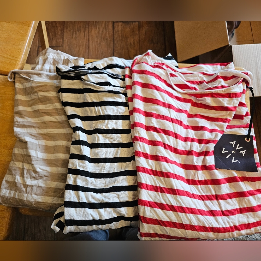 Ava & Viv Striped Long Sleeve Tees in Pink/White, Black/White, and Tan/White